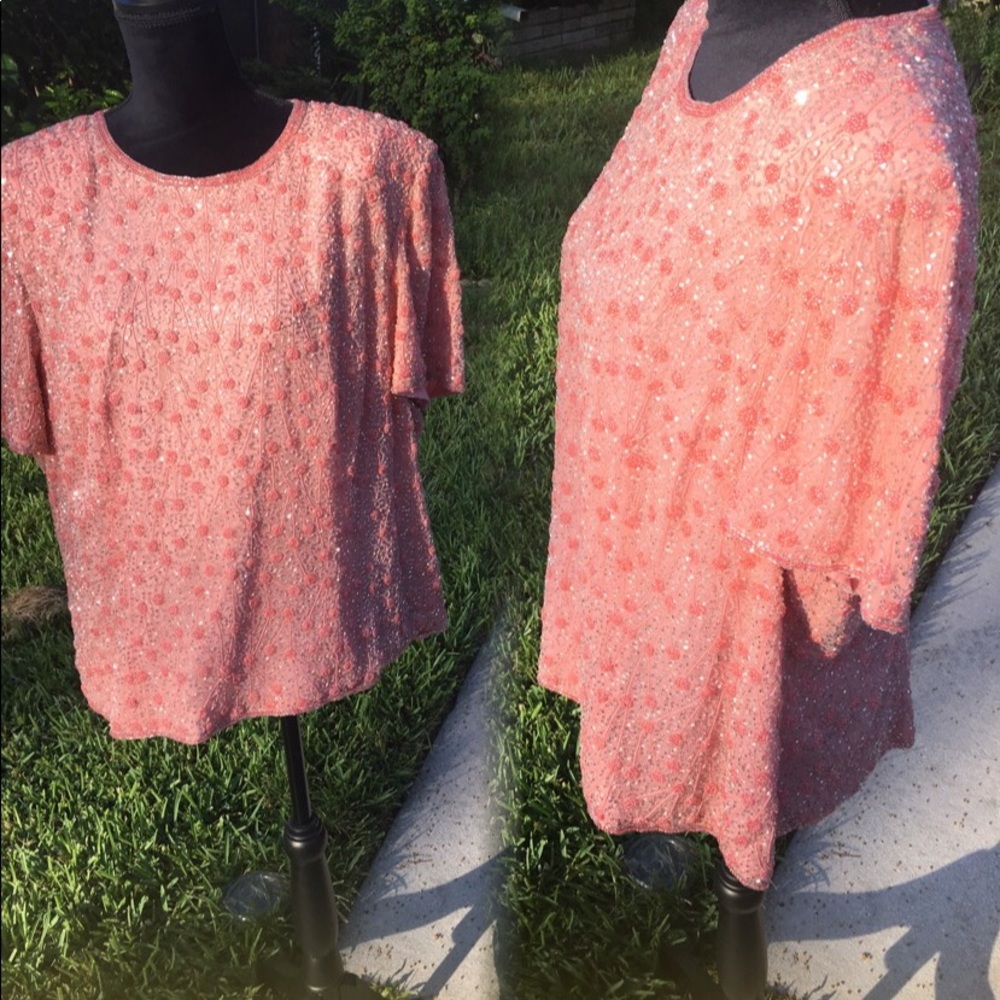 Pretty pale pink sparkly top beaded with silver